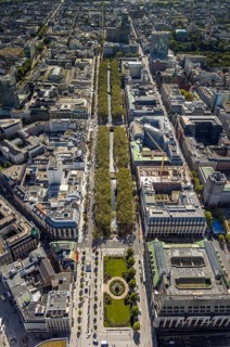 Aerial view, old town with office buildings and shopping mile, tree avenue with Königsallee,