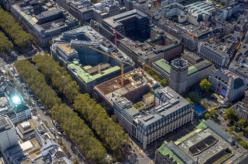 Aerial view, old town with office buildings and shopping mall, Baumallee and Königsallee,