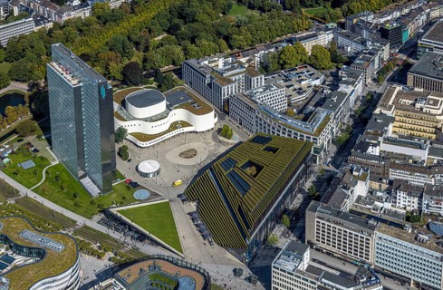 Aerial view, Dreischeibenhaus and Schauspielhaus, Ingenhoven-Tal green building Kö-Bogen II,