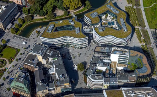 Aerial view, Kö-Bogen shopping centre, city centre, Düsseldorf, Ruhr area, North Rhine-Westphalia,