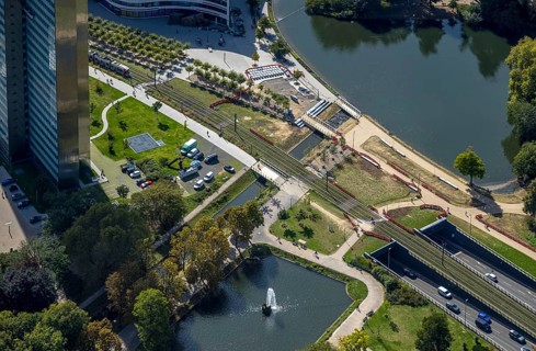 Aerial view, Kö-Bogen tunnel Hofgartenstraße, tram line over the river Nördliche Düssel, city