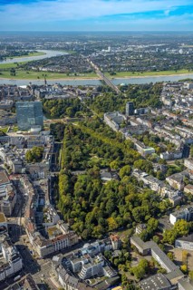 Aerial view, Hofgarten Park, Dreischeibenhaus and Schauspielhaus, view to the river Rhine,