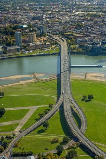 Aerial view, Rheinkniebrücke over the river Rhine, State Chancellery of North Rhine-Westphalia,