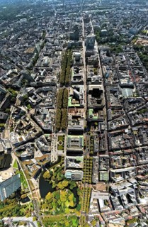 Aerial view, Königsallee with tree avenue, city centre view and commercial buildings, Hofgarten and