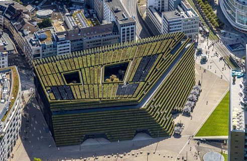 Aerial view, Ingenhoven-Tal green building Kö-Bogen II, planted with hornbeam hedge, city centre,