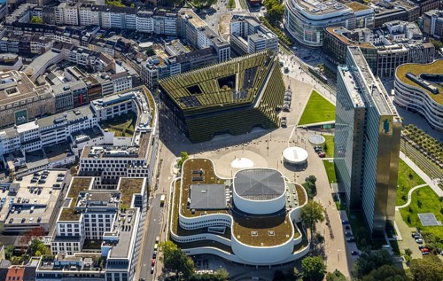 Aerial view, Dreischeibenhaus and Schauspielhaus, Ingenhoven-Tal green building Kö-Bogen II,