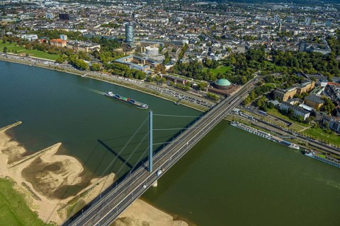 Aerial view, Oberkasseler Brücke over the river Rhine and Tonhalle Düsseldorf, Rhine promenade,
