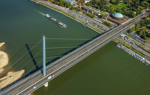 Aerial view, Oberkasseler Brücke over the river Rhine and Tonhalle Düsseldorf, Rhine promenade,