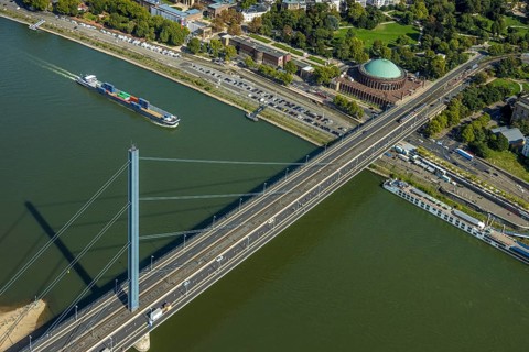 Aerial view, Oberkasseler Brücke over the river Rhine and Tonhalle Düsseldorf, Rhine promenade,