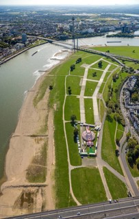 Aerial view, Rhine meadows Oberkassel with circus tent Waterland, behind the Rhine knee bridge over
