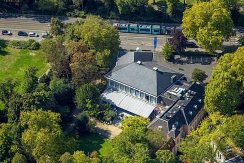 Aerial photograph, Künstlerverein Malkasten KVM in Malkasten-Haus am Malkastenpark, Pempelfort,