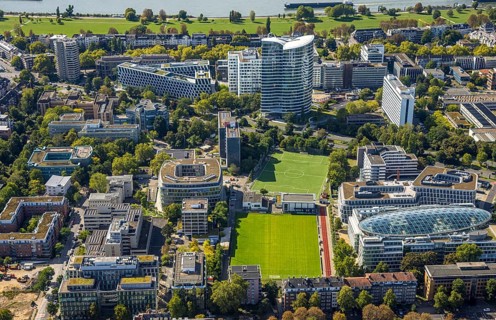 Aerial view, Sky Office high-rise office building, sports centre north football stadium BV 04