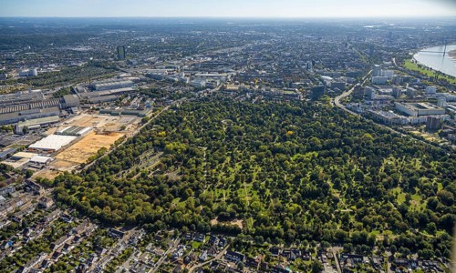 Aerial view, North Cemetery with green trees and cemetery of the Jewish Community Düsseldorf K.d.ö