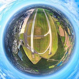 Aerial photo, DUS Airport Düsseldorf Airport with runway and landing strip, globe, fisheye image,