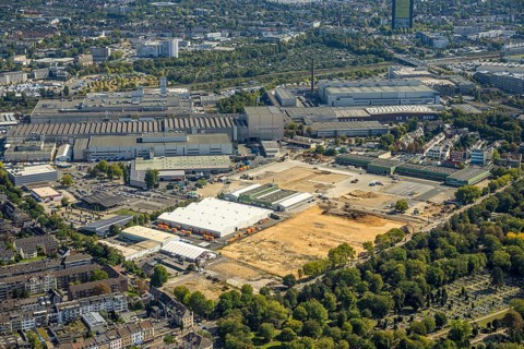 Aerial view, derelict site of the former Blumengroßmarkt Düsseldorf eG on Ulmenstraße, Derendorf,