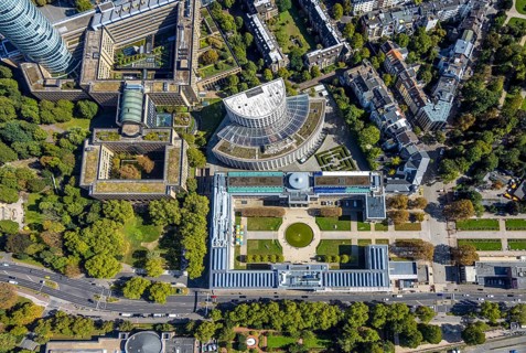 Aerial view, Ehrenhof Kunstpalast art museum, semicircular building Ministry of the Environment,