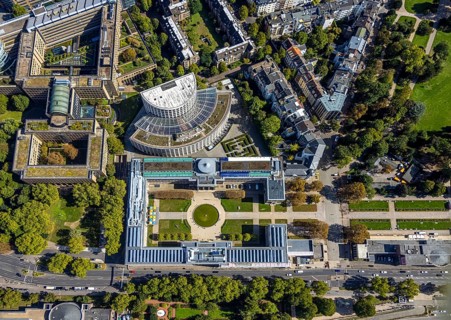 Aerial view, Ehrenhof Kunstpalast art museum, semicircular building Ministry of the Environment,