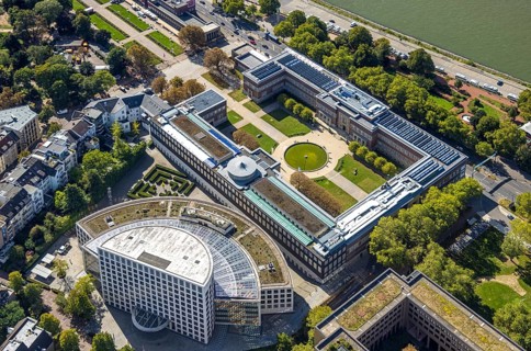 Aerial view, Ehrenhof Kunstpalast art museum, semicircular building Ministry of the Environment,