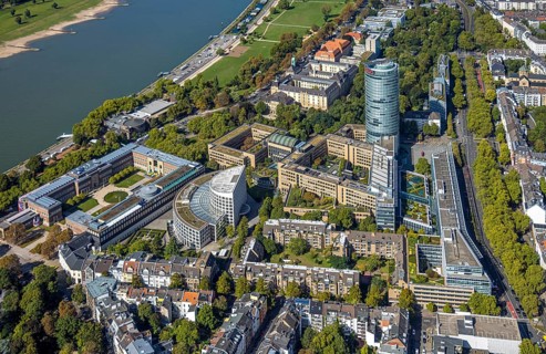 Aerial view, art museum Ehrenhof and Ergo skyscraper, semicircular building Ministry of the