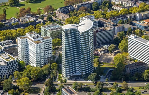 Aerial view, Sky Office office tower block, Golzheim, Düsseldorf, Ruhr area, North