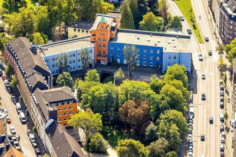 Aerial view, residential area and colourful house facades, house with turrets, Eulerstrasse