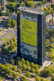 Aerial view, ARAG high-rise office building, slogan We celebrate the law and 90 years of ARAG,