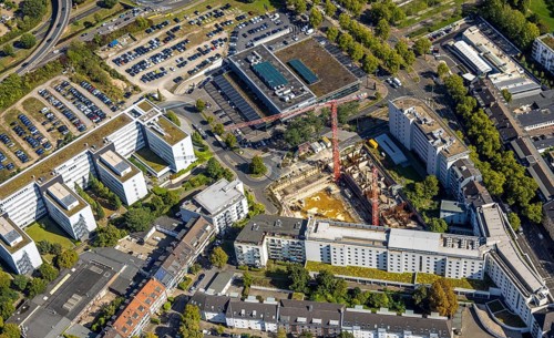 Aerial view, Hotel NH Düsseldorf City Nord, construction site and new Fishman Tower, Mercedes-Benz