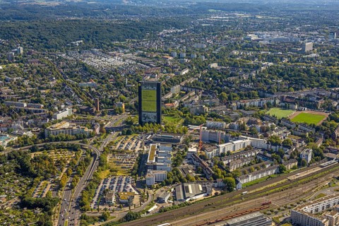 Aerial view, local view and residential area Mörsenbroicher Ei, ARAG high-rise office building,
