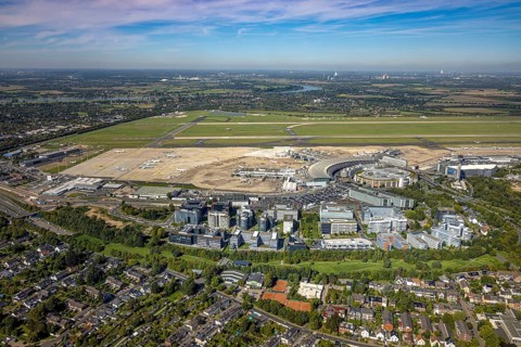 Aerial view, DUS Airport Düsseldorf with reception building, runway and landing strip, commercial