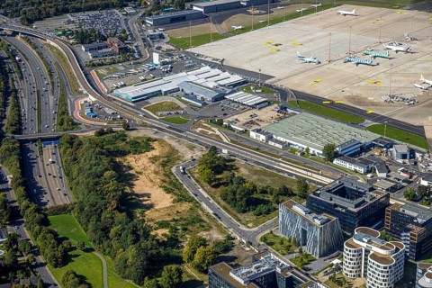 Aerial view, DUS Airport Düsseldorf apron, commercial area DUS Airport-City airport road and
