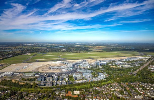 Aerial view, DUS Airport Düsseldorf with reception building, runway and landing strip, commercial