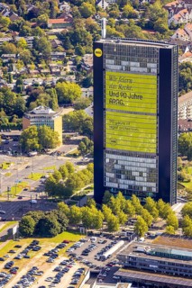 Aerial view, ARAG high-rise office building, slogan We celebrate the law and 90 years of ARAG,