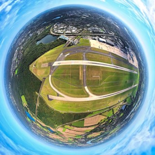 Aerial photo, DUS Airport Düsseldorf Airport with runway and landing strip, globe, fisheye image,