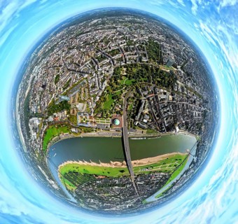 Aerial view, river Rhine with Tonhalle at the Rhine promenade Oberkasseler Brücke, North