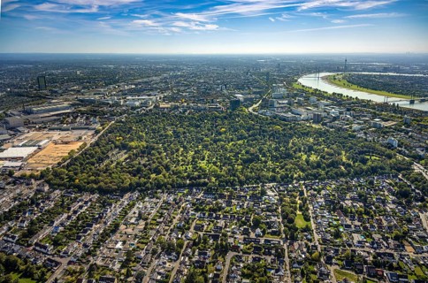 Aerial view, North cemetery with green trees and cemetery of the Jewish community Düsseldorf K.d.ö