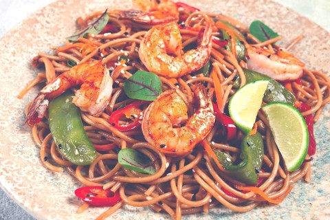 Fried udon noodles with shrimp and vegetables, Asian cuisine, homemade, no people
