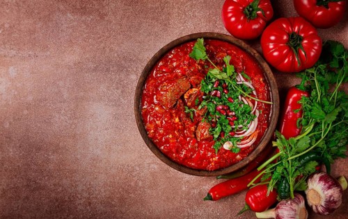 Chashushuli, a traditional Georgian dish, spicy, stewed meat with tomatoes and spices, homemade, no