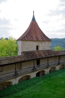 Medieval battlements at Comburg Castle, Benedictine monastery, Way of St James, pilgrimage route,