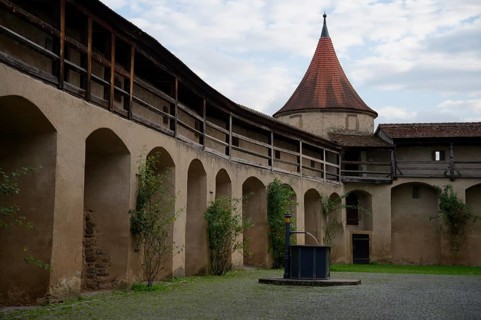 Medieval battlements at Comburg Castle, Benedictine monastery, Way of St James, pilgrimage route,