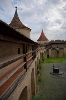 Medieval battlements at Comburg Castle, Benedictine monastery, Way of St James, pilgrimage route,