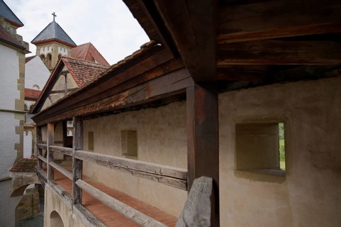 Medieval battlements at Comburg Castle, Benedictine monastery, Way of St James, pilgrimage route,