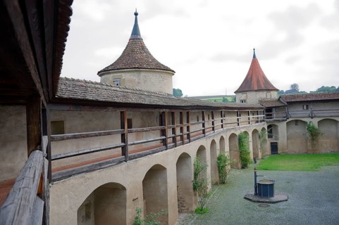 Medieval battlements at Comburg Castle, Benedictine monastery, Way of St James, pilgrimage route,