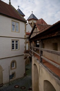Medieval battlements at Comburg Castle, Benedictine monastery, Way of St James, pilgrimage route,