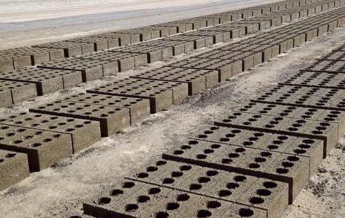 Cinder blocks lie on the ground and dried. Atyrau, Kazakhstan