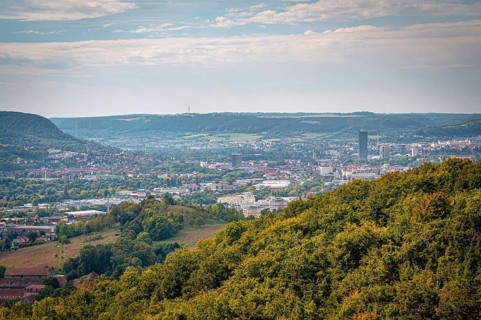 Urban landscape of Jena with forests, under an expansive sky, Jena, Thuringia, Germany