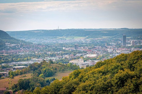 Extensive view over the cityscape of Jena with forests and the Jentower, Jena, Thuringia, Germany