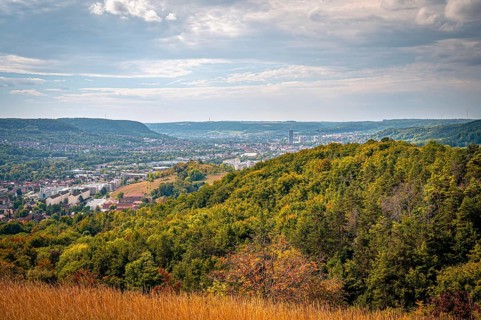 View over wooded hills to the city centre of Jena, partly cloudy sky, Jena, Thuringia, Germany