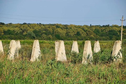 The ruins of the old farm. Cones column base of the wall. Abandoned and ruined buildings