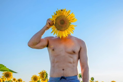 A man with a naked torso in a field of sunflowers. Taman, Krasnodar Krai, Russia