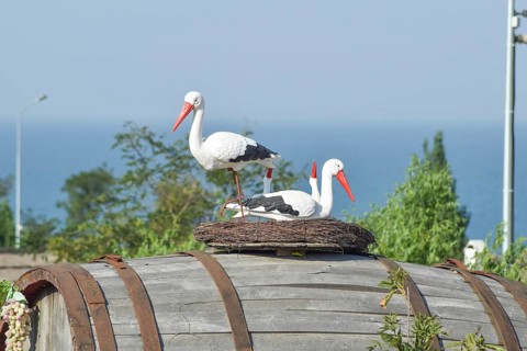 Toy nest of a stork with birds on it. Taman, Krasnodar Krai, Russia